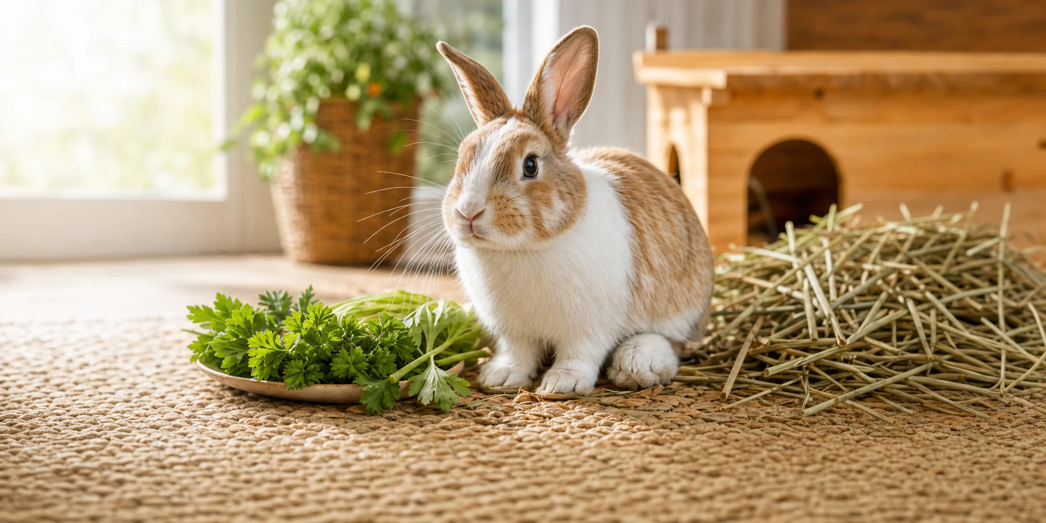 A rabbit sitting near fresh parsley and a wooden hutch