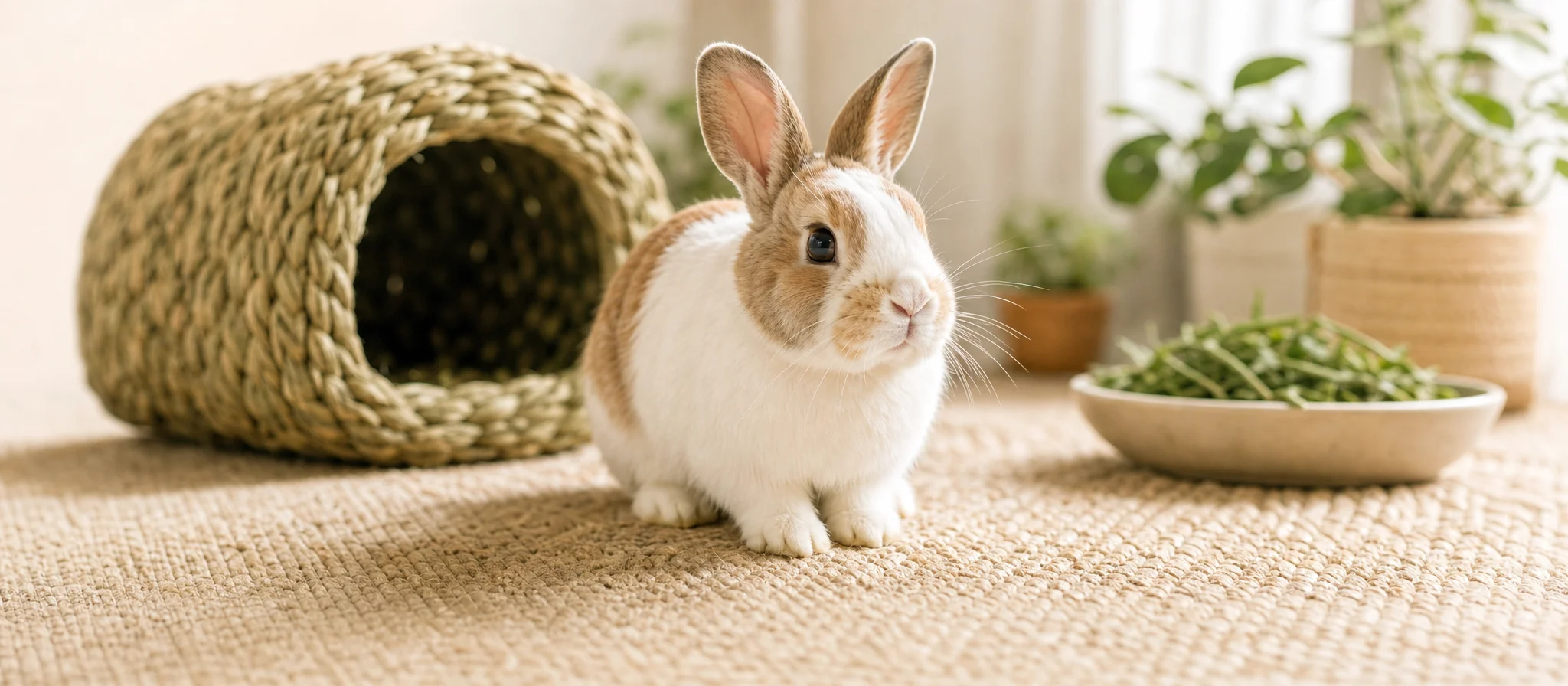 A rabbit sitting beside a woven wicker tunnel