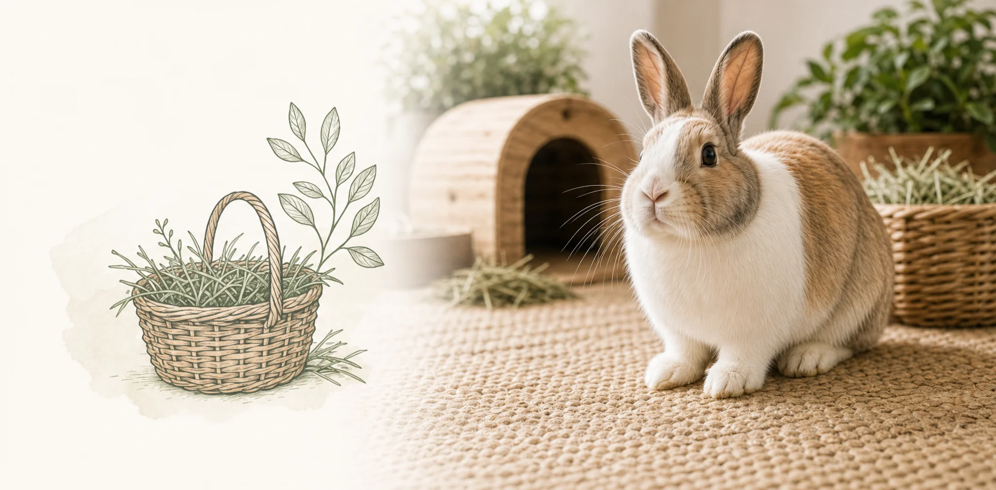 A rabbit beside a woven basket of hay illustration