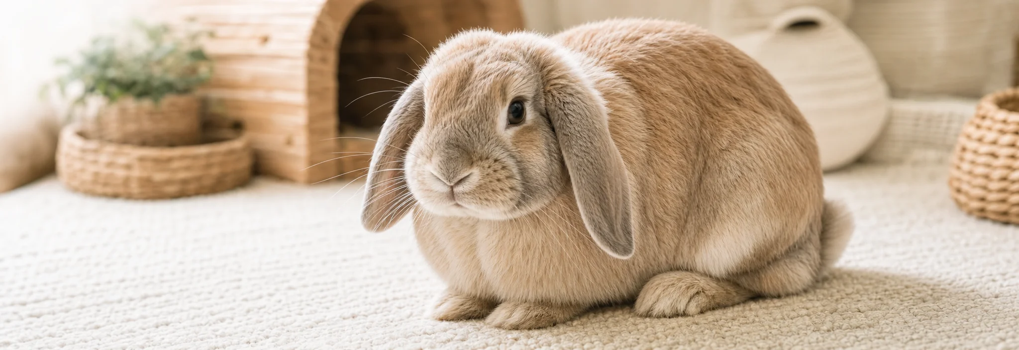 A tan lop-eared rabbit resting on a woven rug