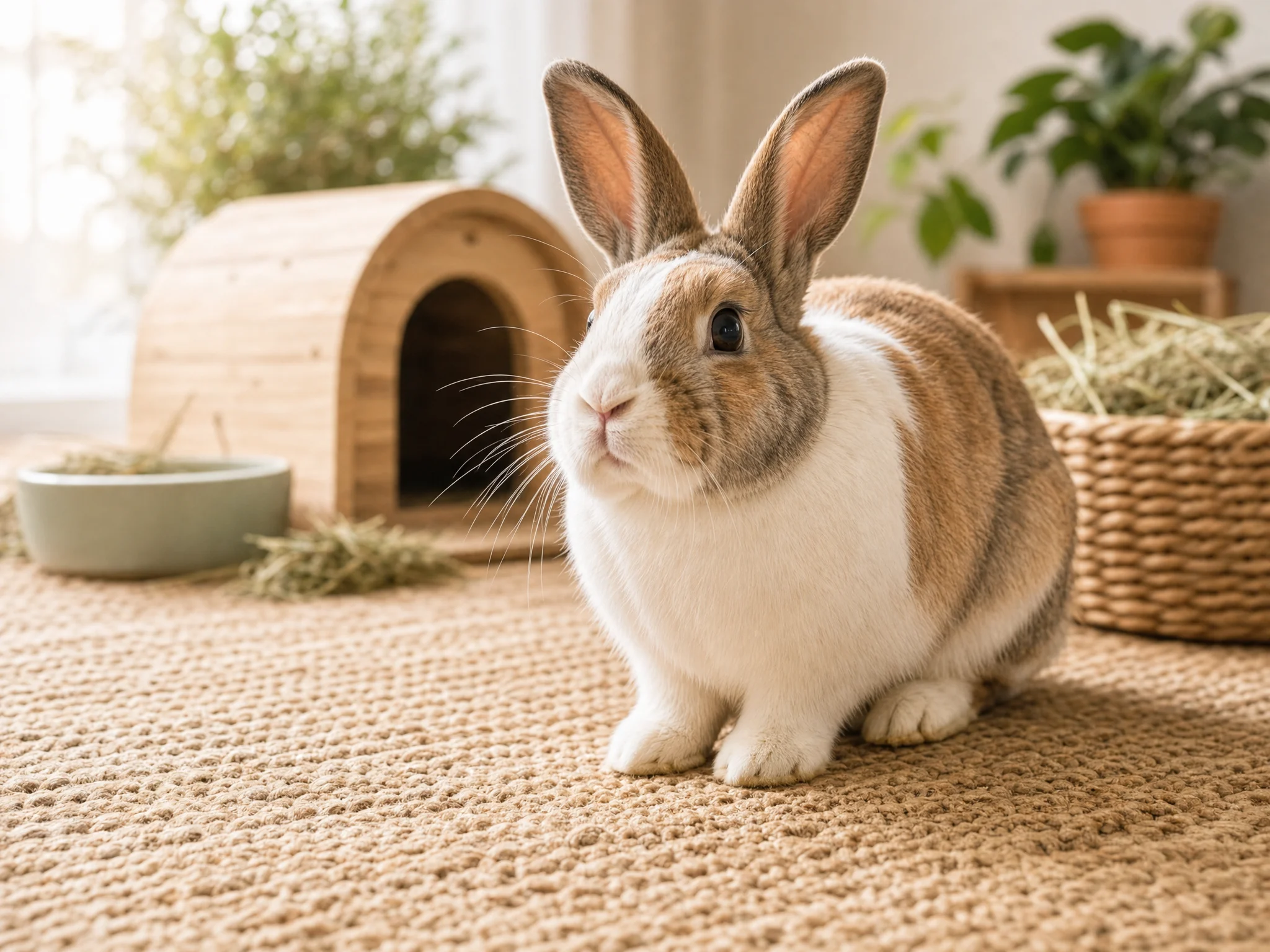 A fluffy brown and white rabbit sitting on a woven rug at home