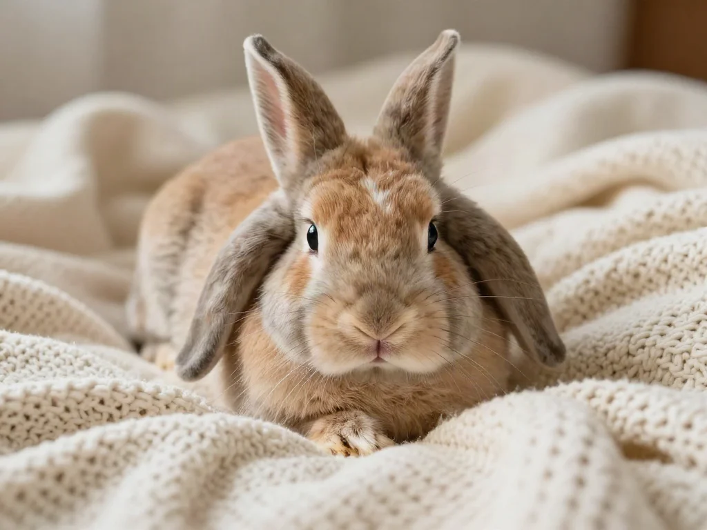 A rabbit resting on a blanket